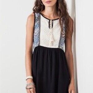 Umgee black baby doll boho peasant top vneck dress size small